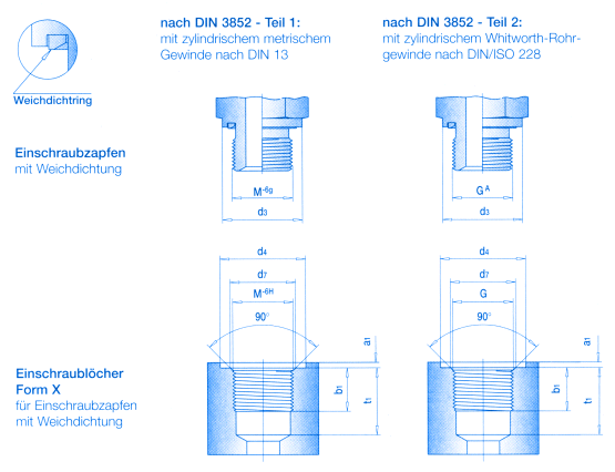 Einschraubzapfen und Einschraublöcher mit Elastomerer Abdichtung durch Weichdichtung DIN 3852