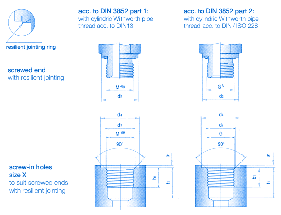 Screw-in taps and screw-in holes with elastomer sealing caused by soft sealings DIN 3852